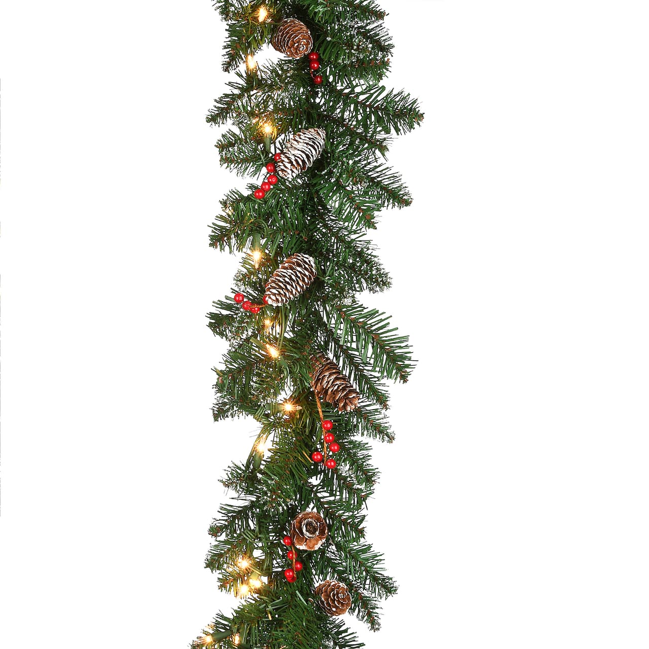 9' x 10" Pre-lit Glittery Mountain Spruce Artificial Christmas Garland with White Edged Cones, Red Berries and 50 Clear Lights